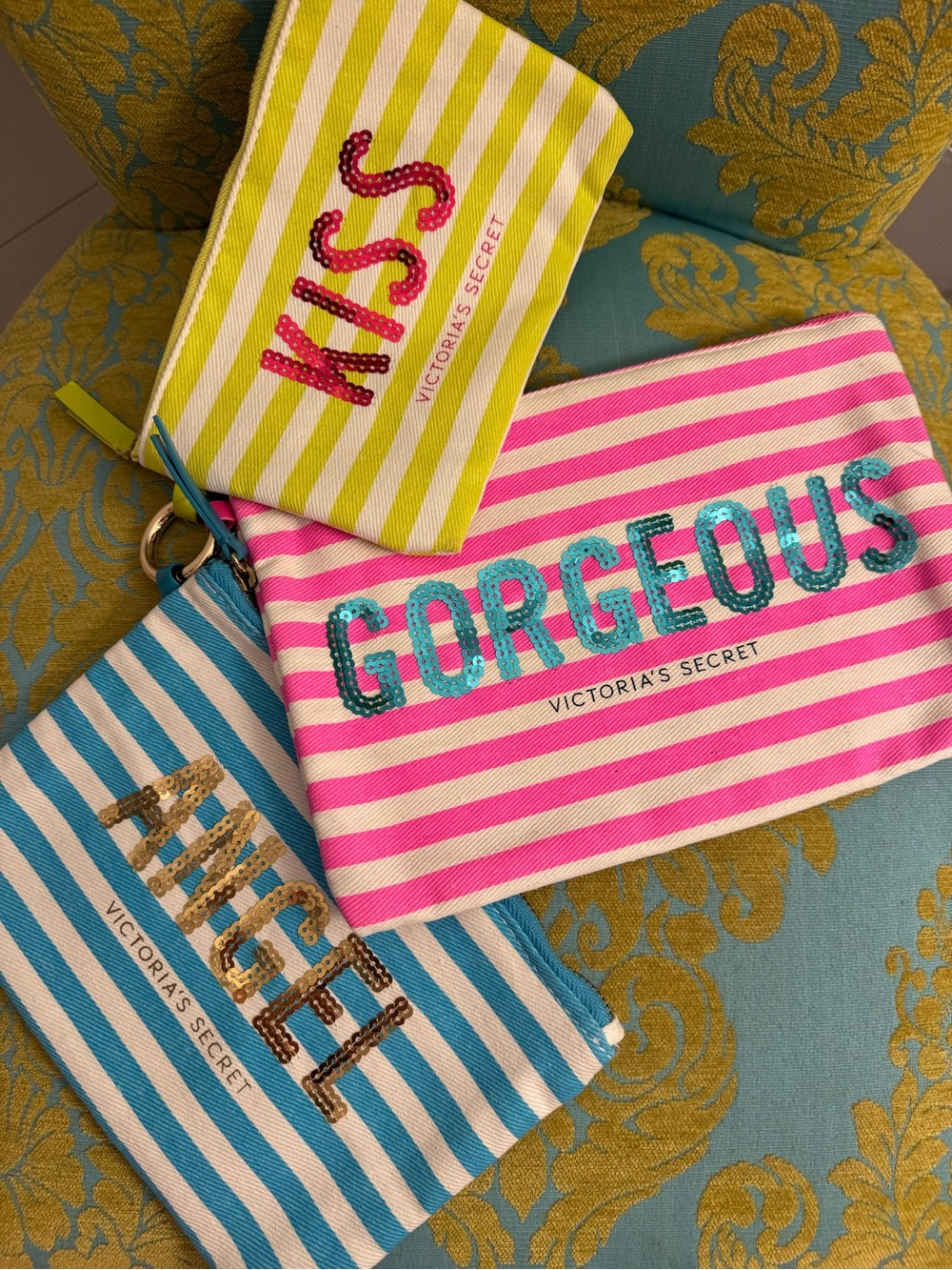NWT Victoria's Secret Set Of 3 Striped Sequin Pouches - Blue, Pink, Lime Green